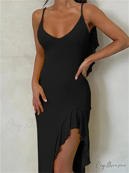 Women Spaghetti Strap Backless Ruffles Sexy Slim Fit V Neck Sleeveless Strap Ruched Beach Vestidos