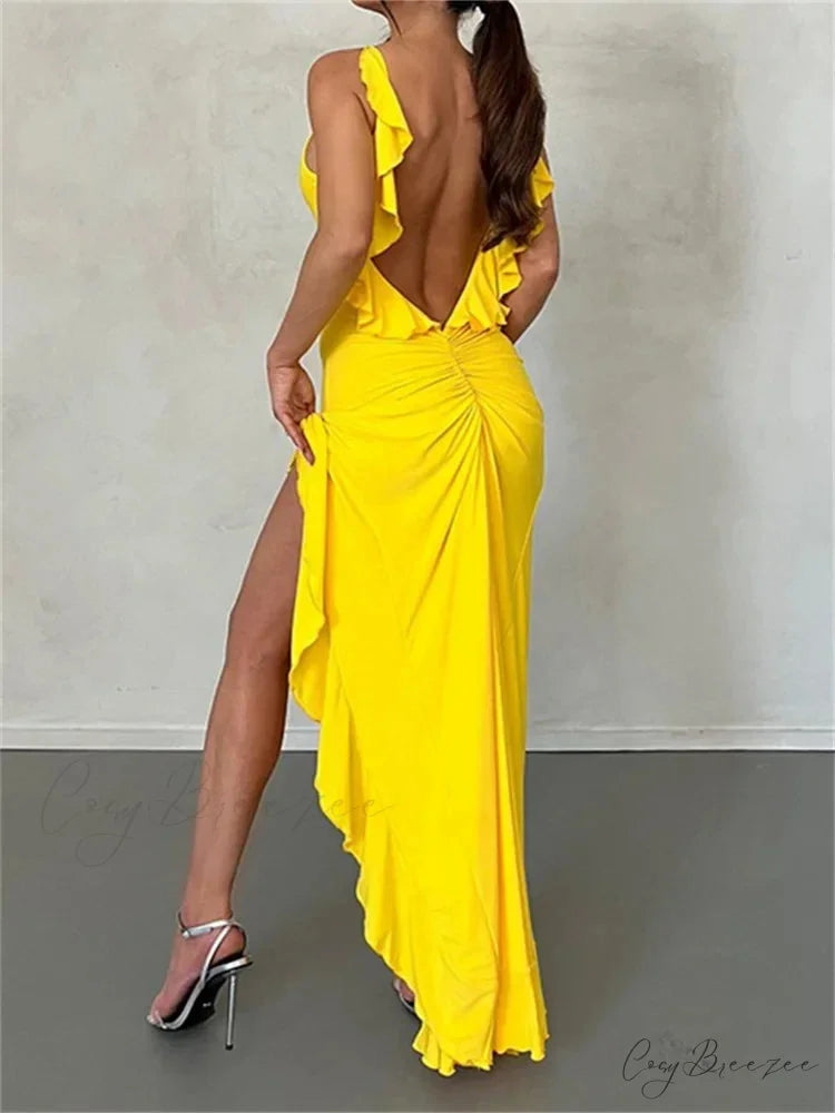 Women Spaghetti Strap Backless Ruffles Sexy Slim Fit V Neck Sleeveless Strap Ruched Beach Vestidos Yellow / S