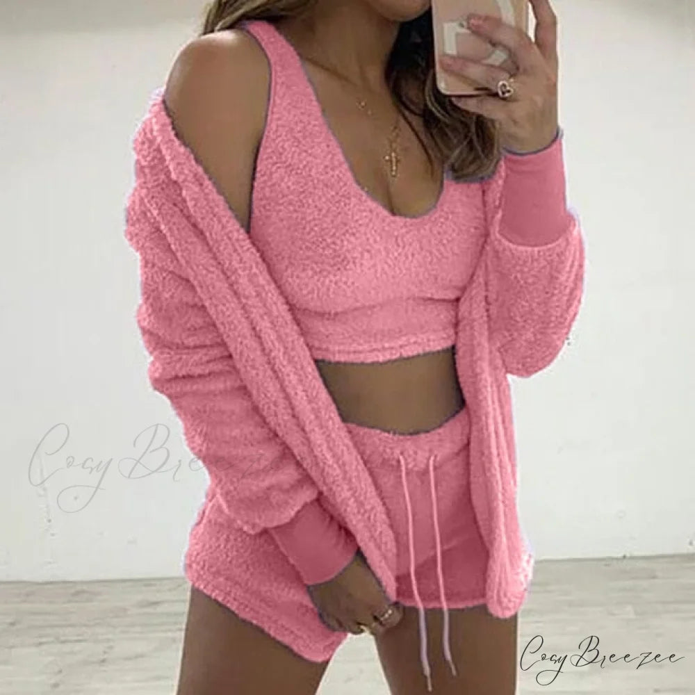 Women Sports Sets Coat + Shorts + Crop Casual Sexy Plush Hooded Top Tracksuit Velvet Outfits Cardigan Fluffy Sweatshirt