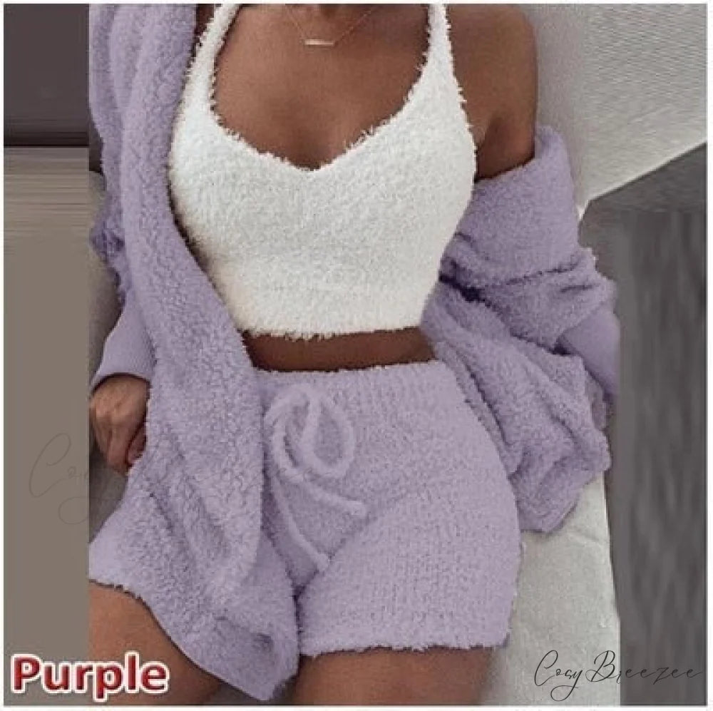 Women Sports Sets Coat + Shorts + Crop Casual Sexy Plush Hooded Top Tracksuit Velvet Outfits Cardigan Fluffy Sweatshirt