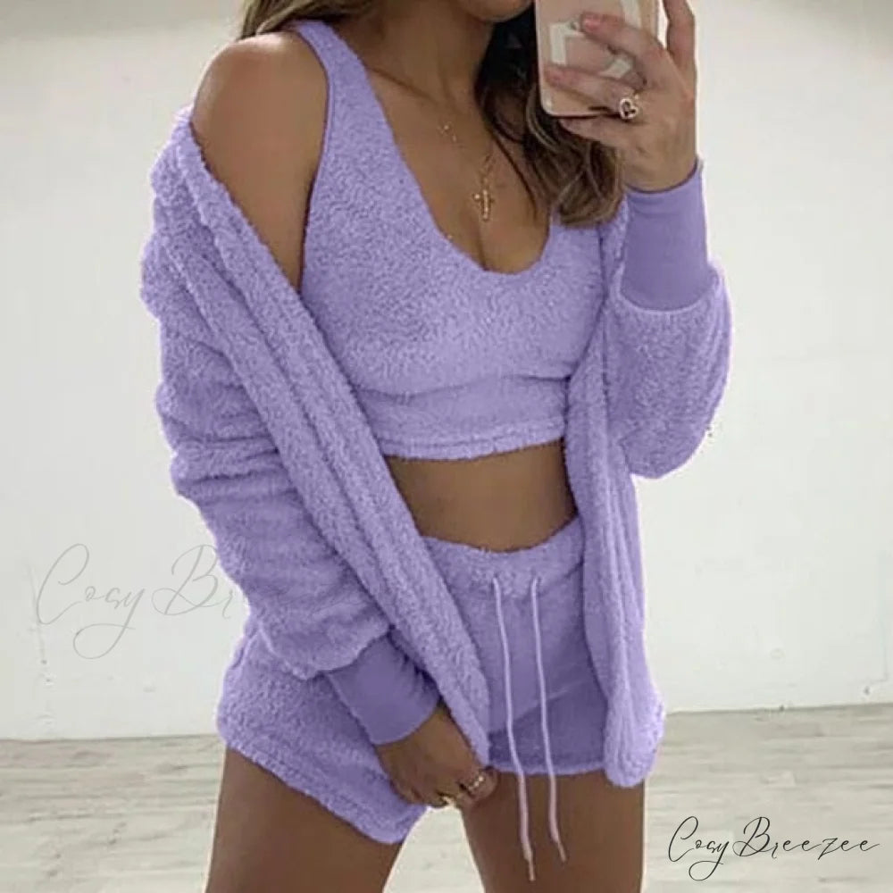 Women Sports Sets Coat + Shorts + Crop Casual Sexy Plush Hooded Top Tracksuit Velvet Outfits Cardigan Fluffy Sweatshirt