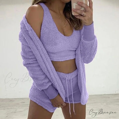 Women Sports Sets Coat + Shorts + Crop Casual Sexy Plush Hooded Top Tracksuit Velvet Outfits Cardigan Fluffy Sweatshirt