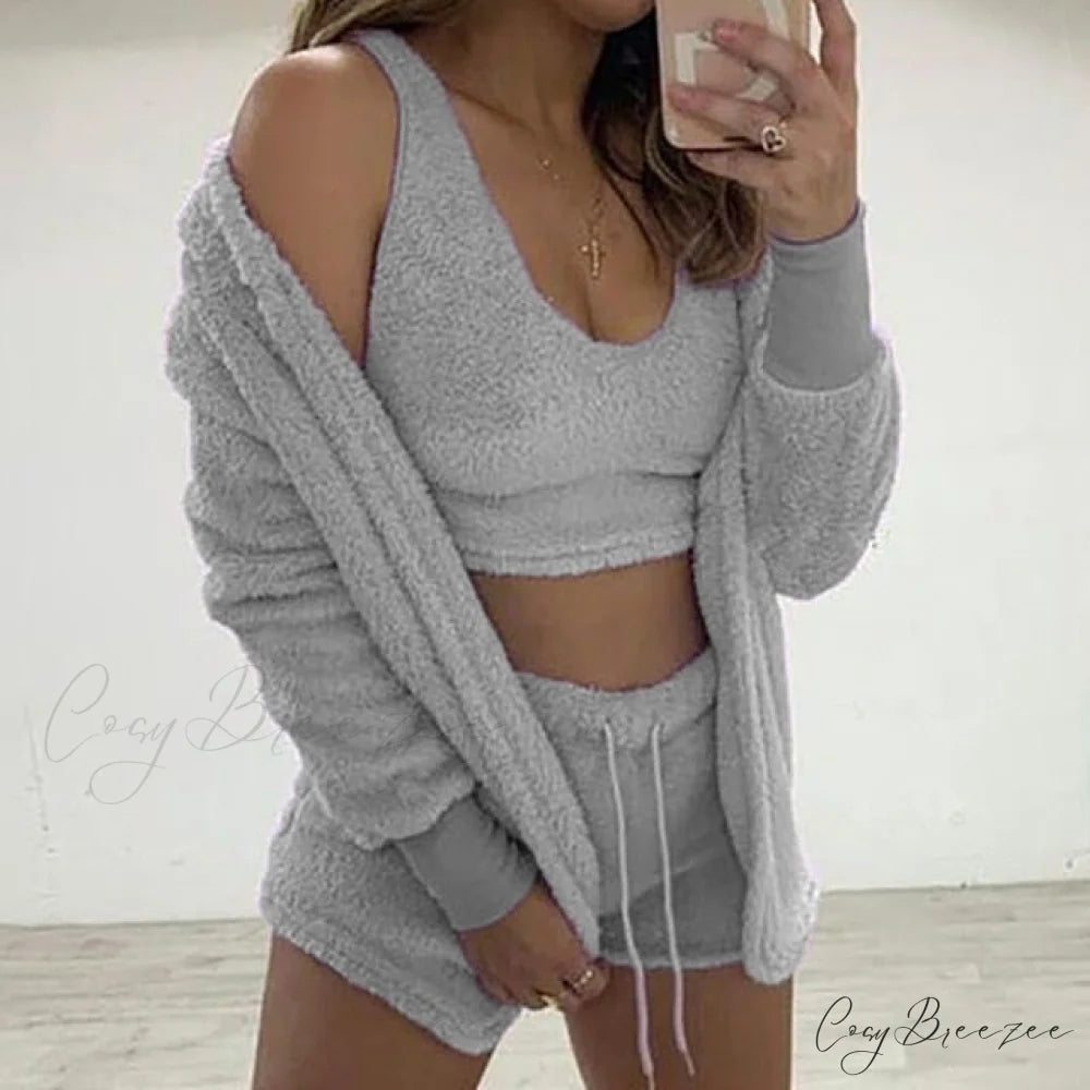 Women Sports Sets Coat + Shorts + Crop Casual Sexy Plush Hooded Top Tracksuit Velvet Outfits Cardigan Fluffy Sweatshirt