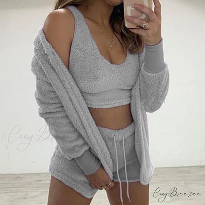 Women Sports Sets Coat + Shorts + Crop Casual Sexy Plush Hooded Top Tracksuit Velvet Outfits Cardigan Fluffy Sweatshirt
