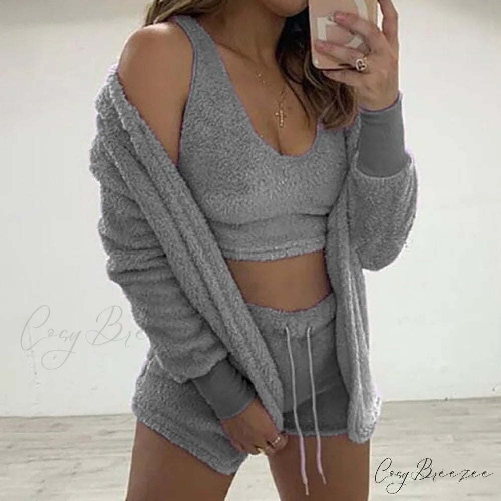 Women Sports Sets Coat + Shorts + Crop Casual Sexy Plush Hooded Top Tracksuit Velvet Outfits Cardigan Fluffy Sweatshirt