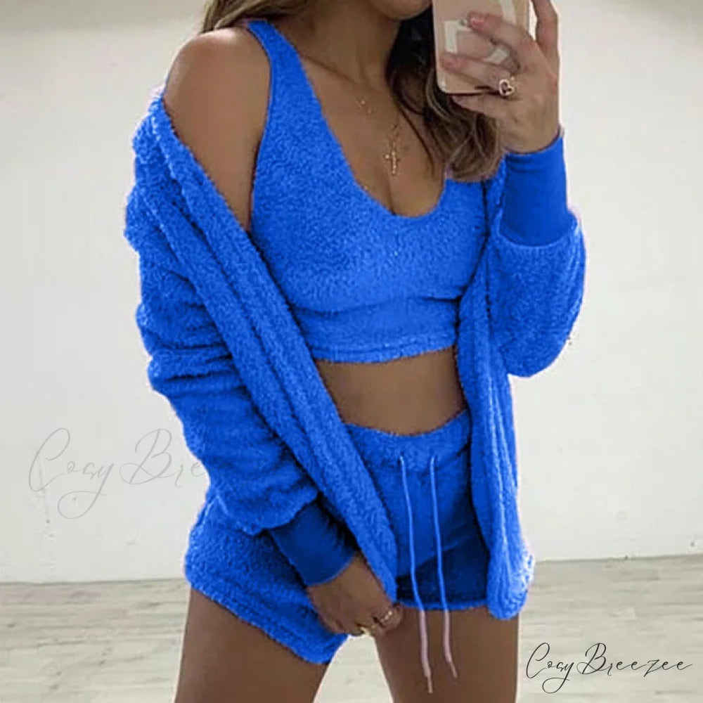 Women Sports Sets Coat + Shorts + Crop Casual Sexy Plush Hooded Top Tracksuit Velvet Outfits Cardigan Fluffy Sweatshirt