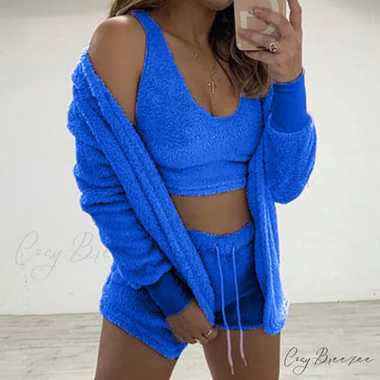Women Sports Sets Coat + Shorts + Crop Casual Sexy Plush Hooded Top Tracksuit Velvet Outfits Cardigan Fluffy Sweatshirt