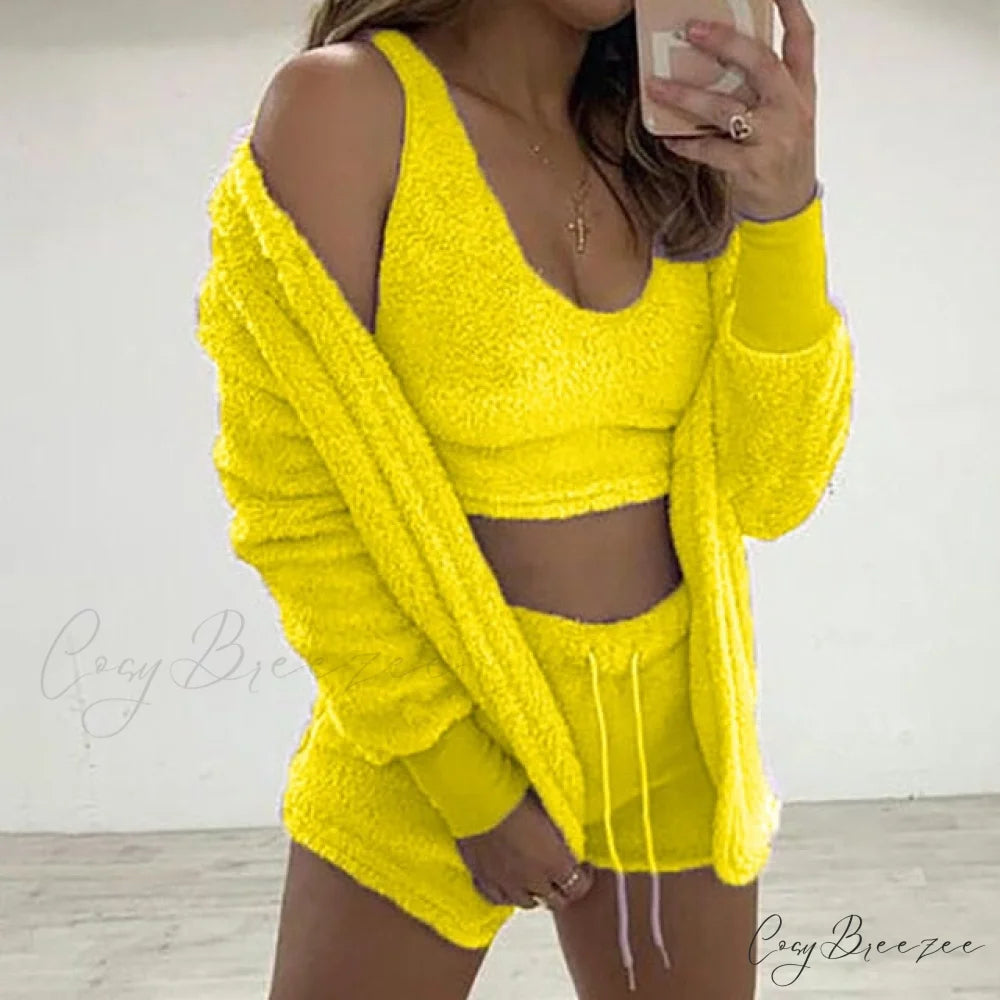 Women Sports Sets Coat + Shorts + Crop Casual Sexy Plush Hooded Top Tracksuit Velvet Outfits Cardigan Fluffy Sweatshirt