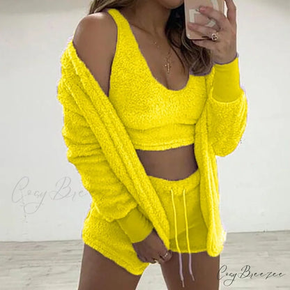 Women Sports Sets Coat + Shorts + Crop Casual Sexy Plush Hooded Top Tracksuit Velvet Outfits Cardigan Fluffy Sweatshirt