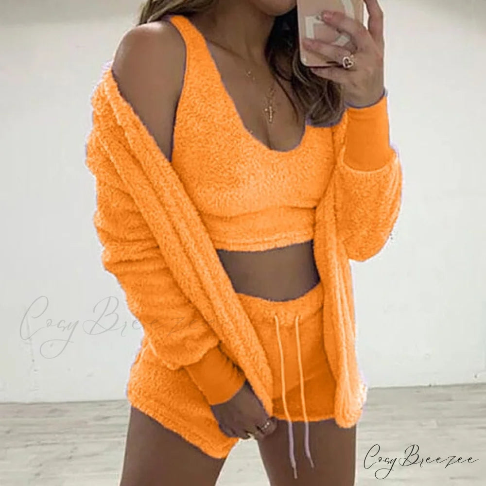 Women Sports Sets Coat + Shorts + Crop Casual Sexy Plush Hooded Top Tracksuit Velvet Outfits Cardigan Fluffy Sweatshirt