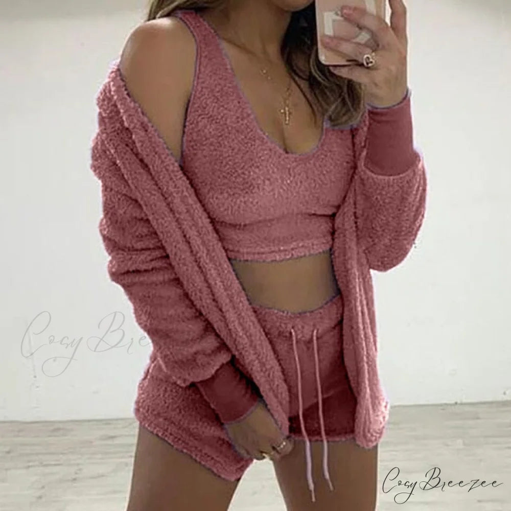 Women Sports Sets Coat + Shorts + Crop Casual Sexy Plush Hooded Top Tracksuit Velvet Outfits Cardigan Fluffy Sweatshirt