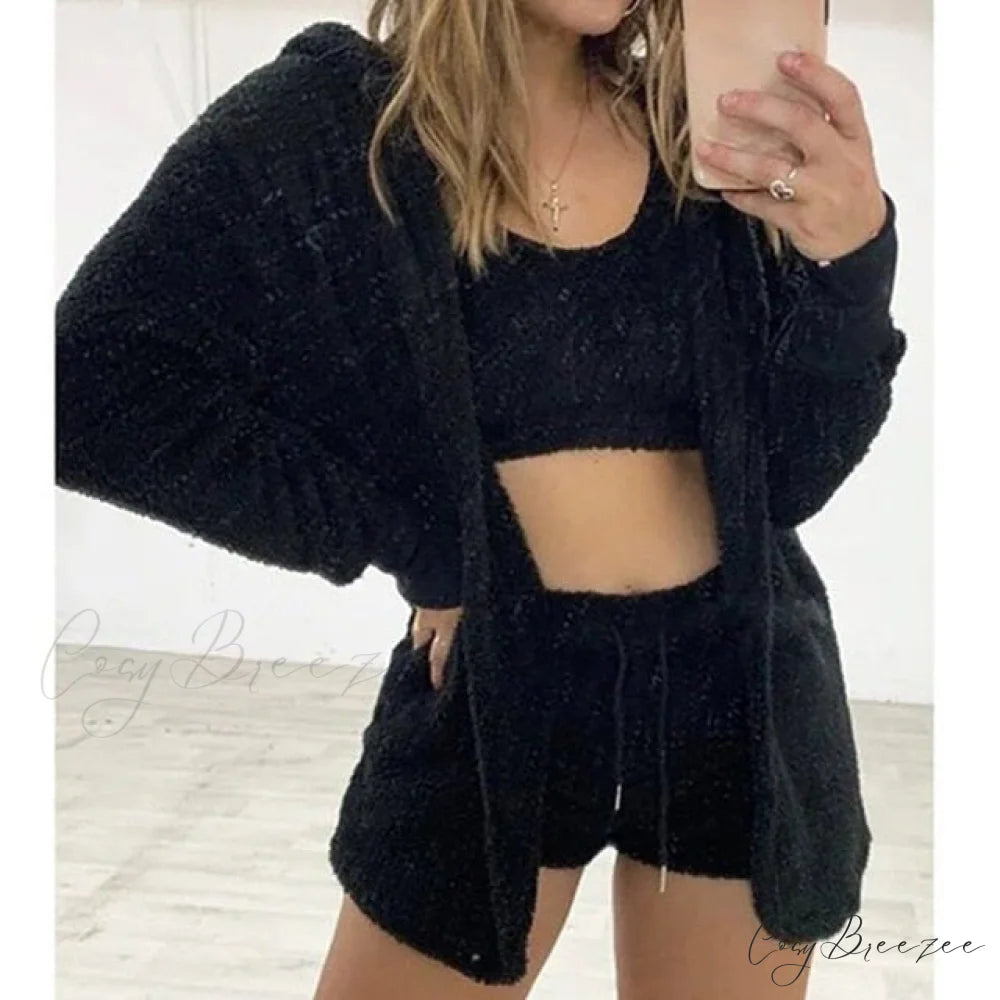 Women Sports Sets Coat + Shorts + Crop Casual Sexy Plush Hooded Top Tracksuit Velvet Outfits Cardigan Fluffy Sweatshirt