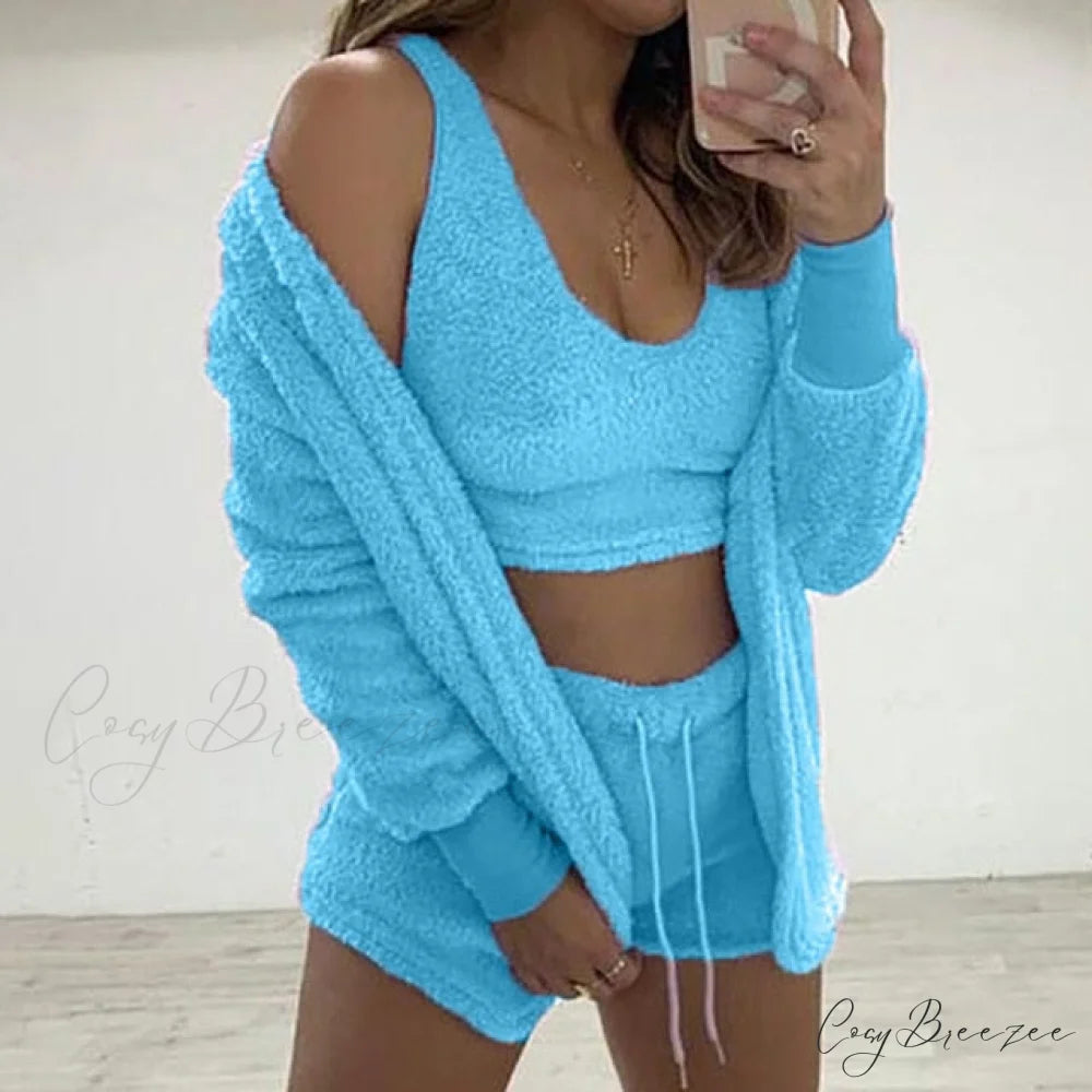 Women Sports Sets Coat + Shorts + Crop Casual Sexy Plush Hooded Top Tracksuit Velvet Outfits Cardigan Fluffy Sweatshirt