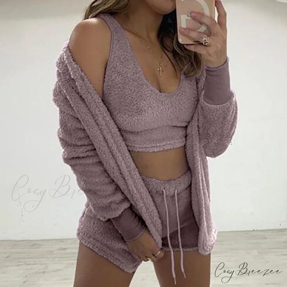 Women Sports Sets Coat + Shorts + Crop Casual Sexy Plush Hooded Top Tracksuit Velvet Outfits Cardigan Fluffy Sweatshirt