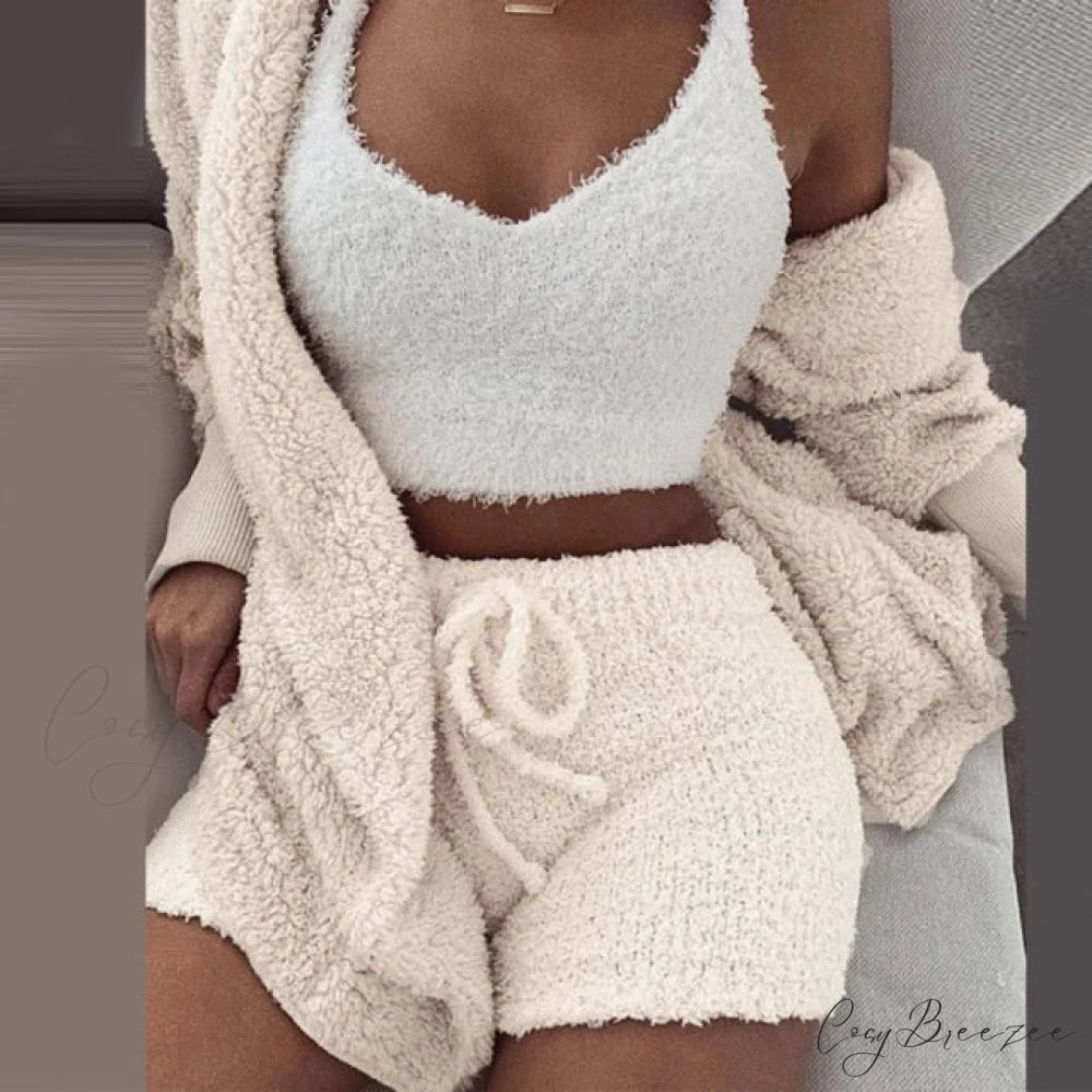 Women Sports Sets Coat + Shorts + Crop Casual Sexy Plush Hooded Top Tracksuit Velvet Outfits Cardigan Fluffy Sweatshirt