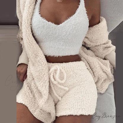 Women Sports Sets Coat + Shorts + Crop Casual Sexy Plush Hooded Top Tracksuit Velvet Outfits Cardigan Fluffy Sweatshirt
