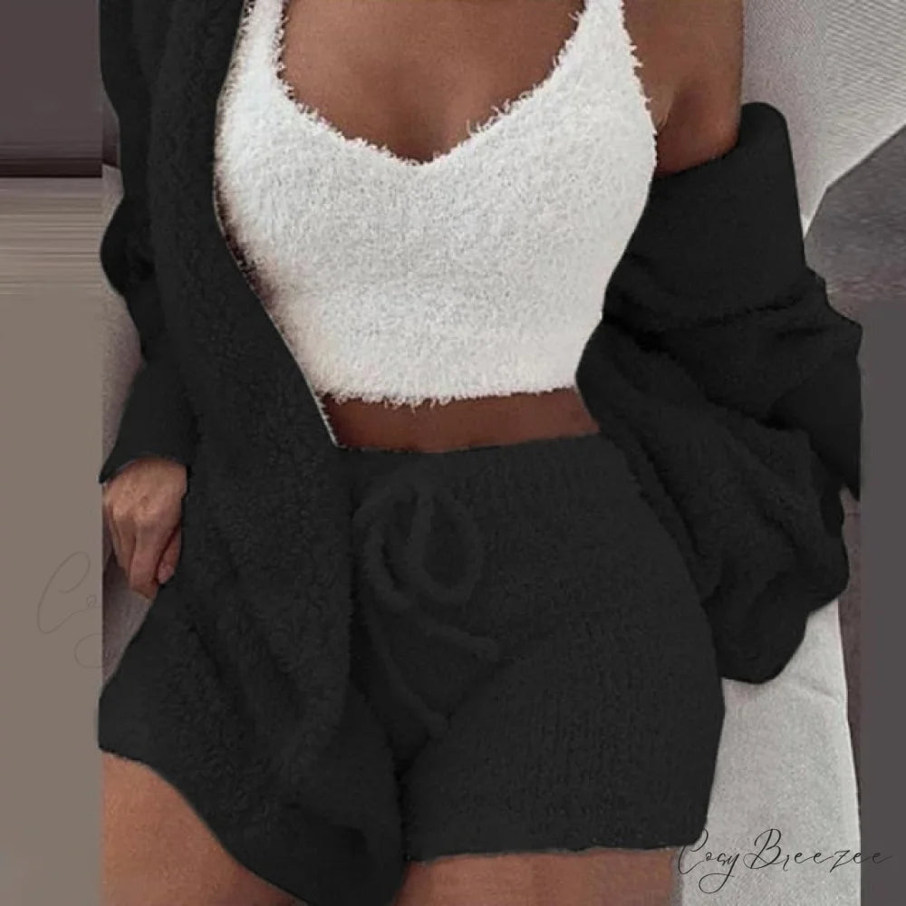 Women Sports Sets Coat + Shorts + Crop Casual Sexy Plush Hooded Top Tracksuit Velvet Outfits Cardigan Fluffy Sweatshirt