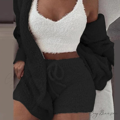 Women Sports Sets Coat + Shorts + Crop Casual Sexy Plush Hooded Top Tracksuit Velvet Outfits Cardigan Fluffy Sweatshirt