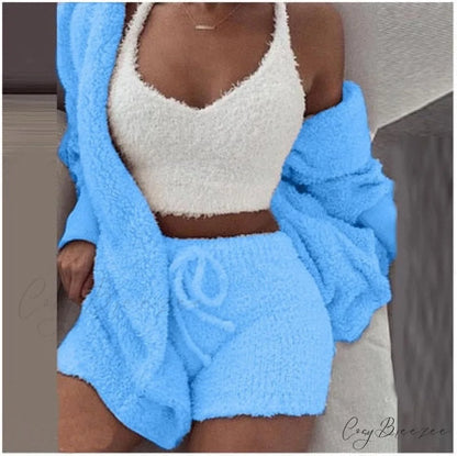 Women Sports Sets Coat + Shorts + Crop Casual Sexy Plush Hooded Top Tracksuit Velvet Outfits Cardigan Fluffy Sweatshirt