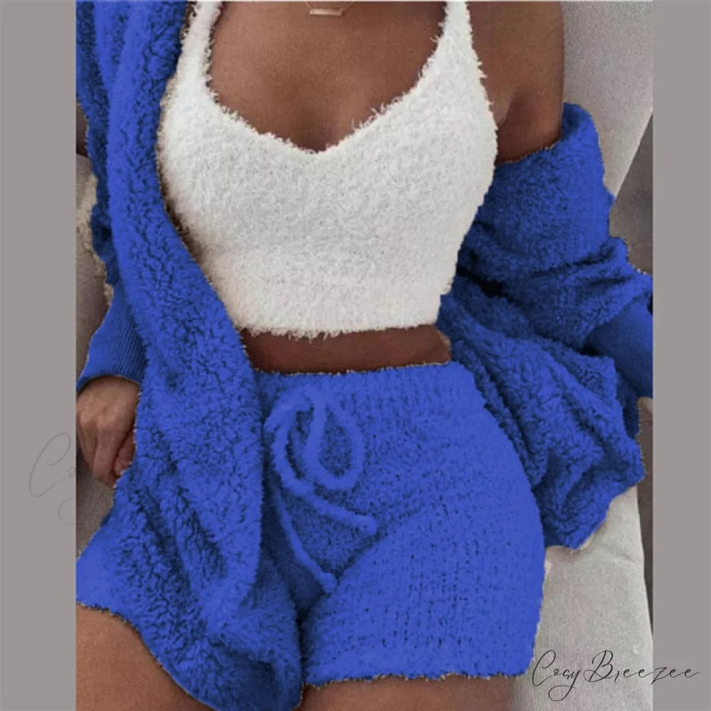 Women Sports Sets Coat + Shorts + Crop Casual Sexy Plush Hooded Top Tracksuit Velvet Outfits Cardigan Fluffy Sweatshirt