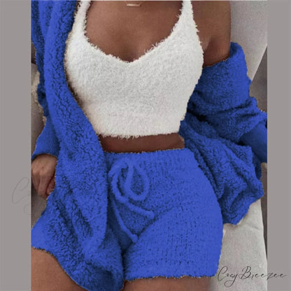 Women Sports Sets Coat + Shorts + Crop Casual Sexy Plush Hooded Top Tracksuit Velvet Outfits Cardigan Fluffy Sweatshirt
