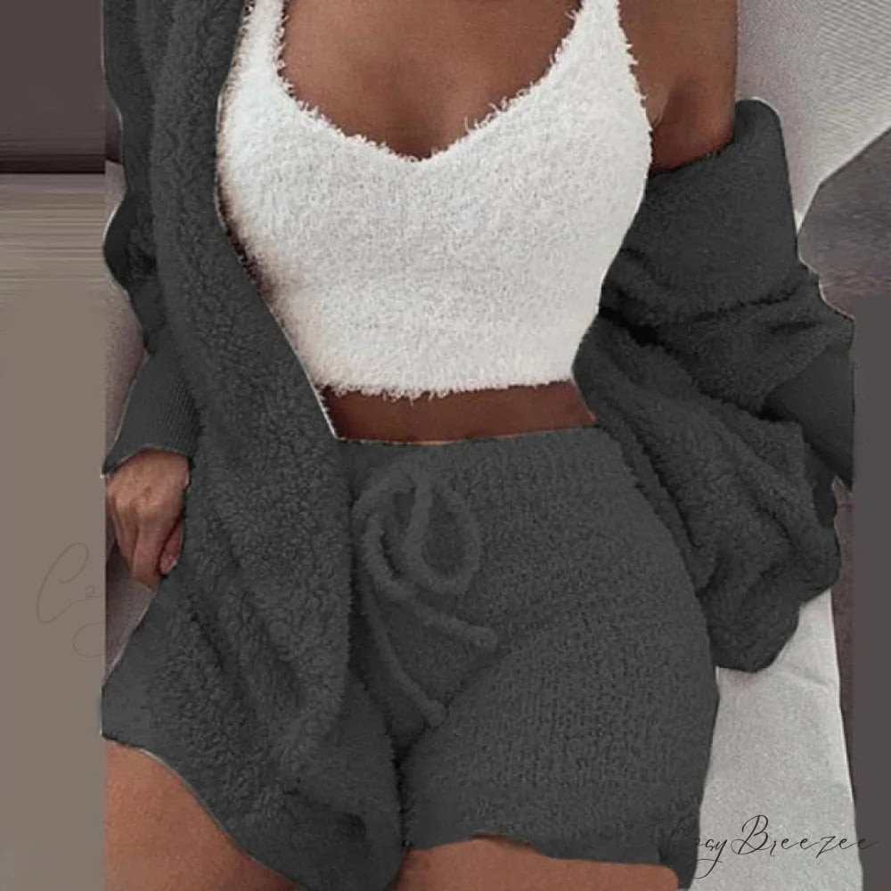 Women Sports Sets Coat + Shorts + Crop Casual Sexy Plush Hooded Top Tracksuit Velvet Outfits Cardigan Fluffy Sweatshirt