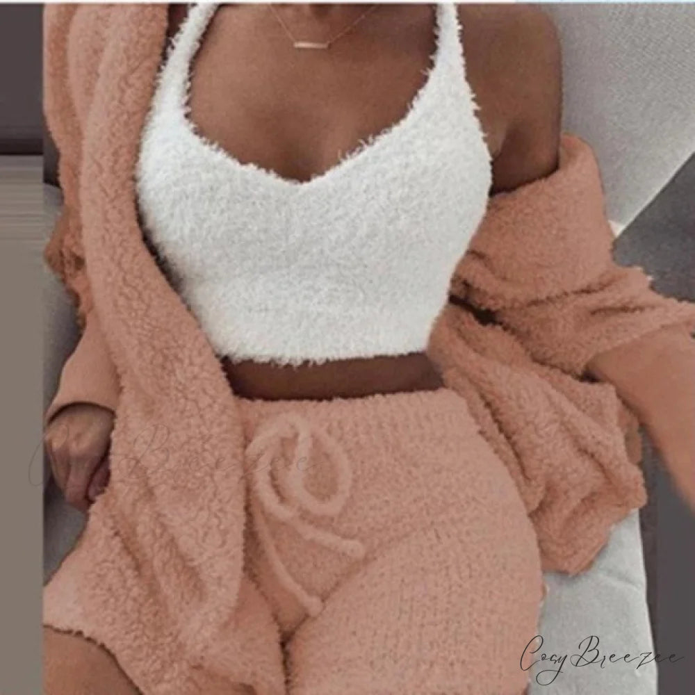 Women Sports Sets Coat + Shorts + Crop Casual Sexy Plush Hooded Top Tracksuit Velvet Outfits Cardigan Fluffy Sweatshirt