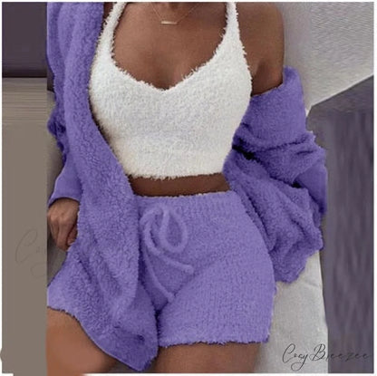 Women Sports Sets Coat + Shorts + Crop Casual Sexy Plush Hooded Top Tracksuit Velvet Outfits Cardigan Fluffy Sweatshirt