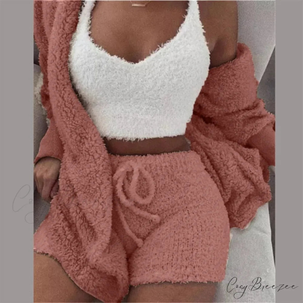 Women Sports Sets Coat + Shorts + Crop Casual Sexy Plush Hooded Top Tracksuit Velvet Outfits Cardigan Fluffy Sweatshirt