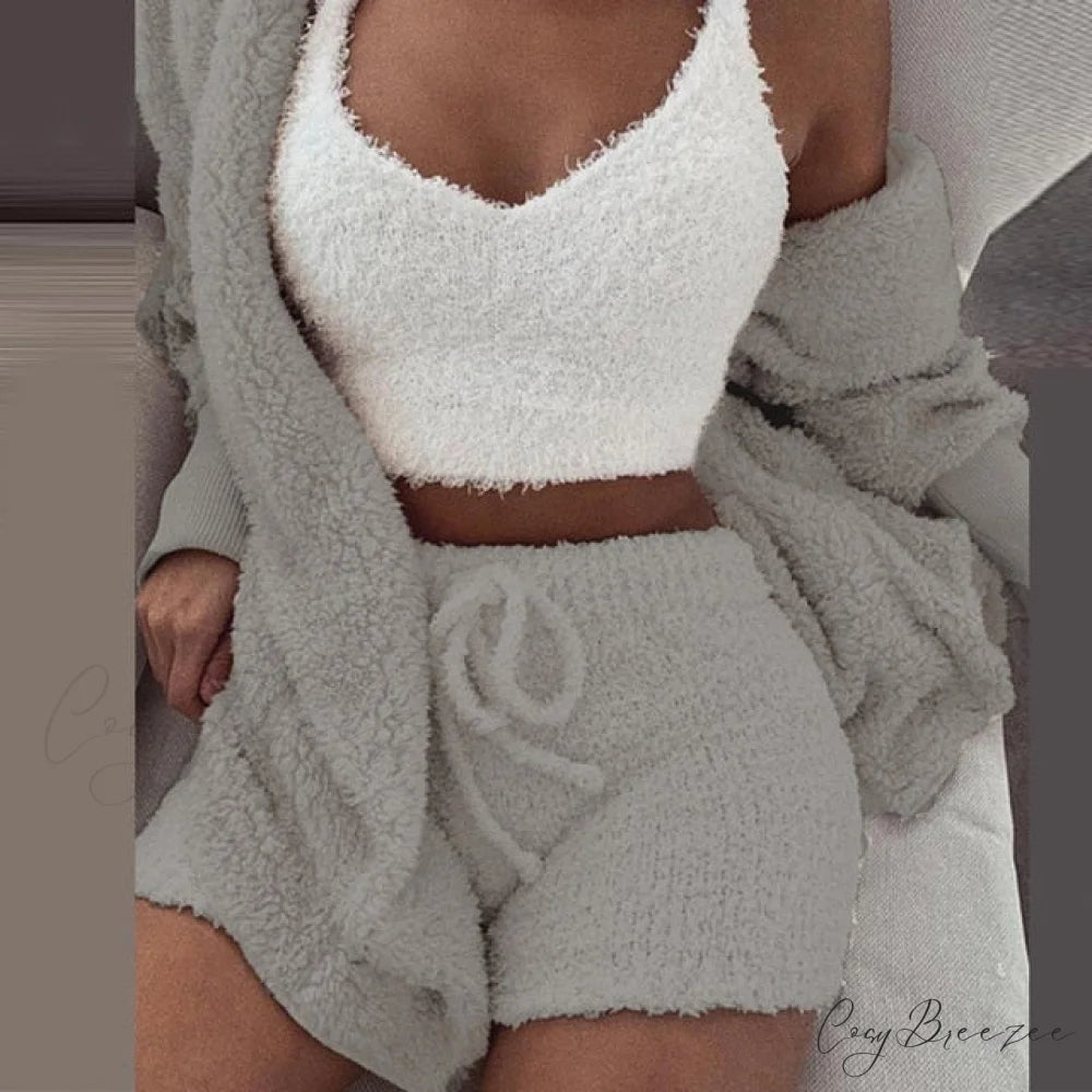 Women Sports Sets Coat + Shorts + Crop Casual Sexy Plush Hooded Top Tracksuit Velvet Outfits Cardigan Fluffy Sweatshirt
