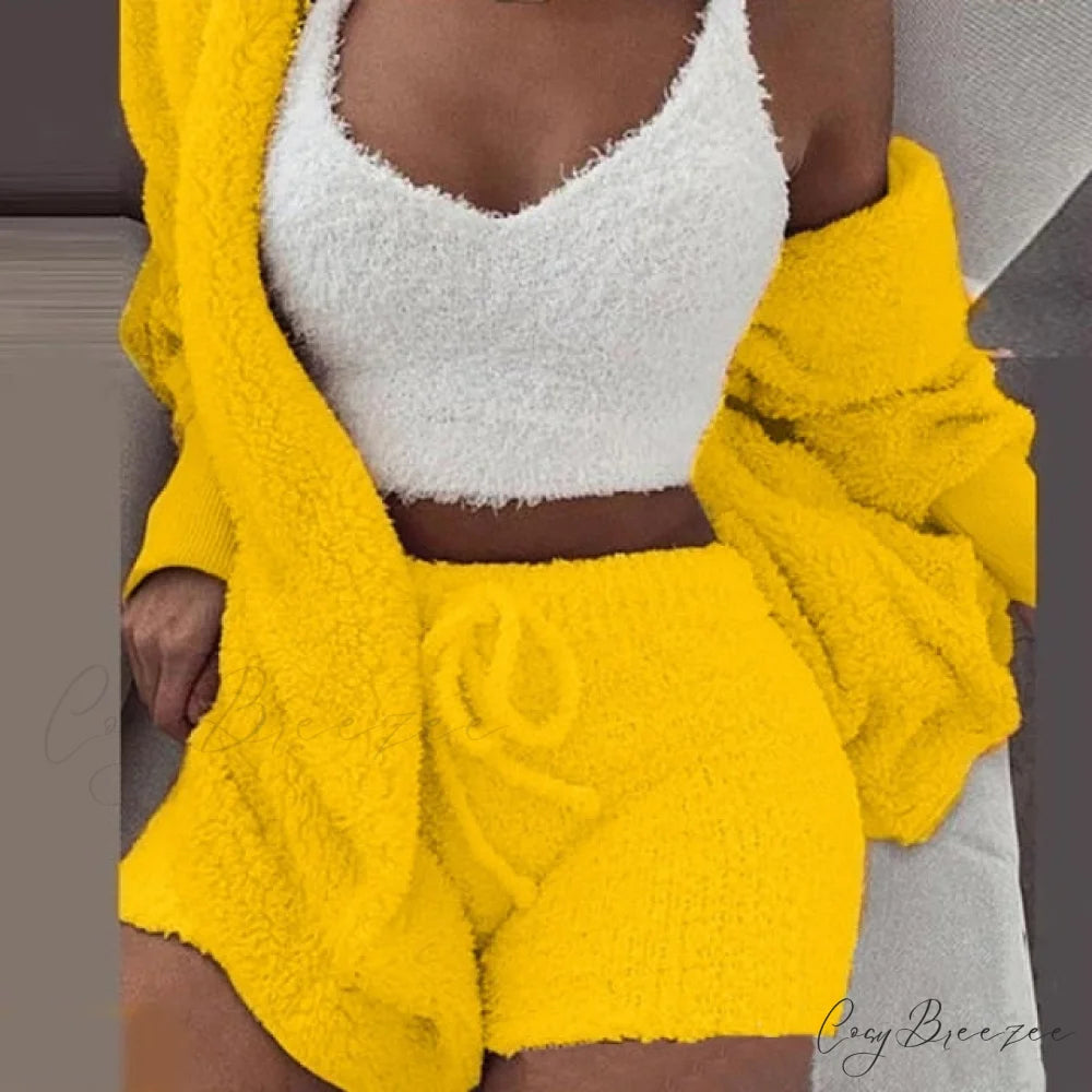 Women Sports Sets Coat + Shorts + Crop Casual Sexy Plush Hooded Top Tracksuit Velvet Outfits Cardigan Fluffy Sweatshirt