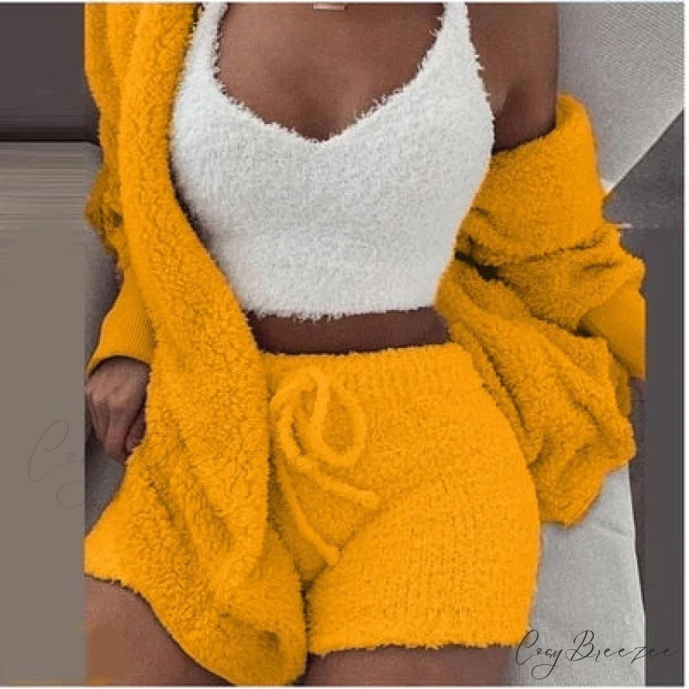 Women Sports Sets Coat + Shorts + Crop Casual Sexy Plush Hooded Top Tracksuit Velvet Outfits Cardigan Fluffy Sweatshirt