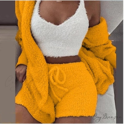 Women Sports Sets Coat + Shorts + Crop Casual Sexy Plush Hooded Top Tracksuit Velvet Outfits Cardigan Fluffy Sweatshirt
