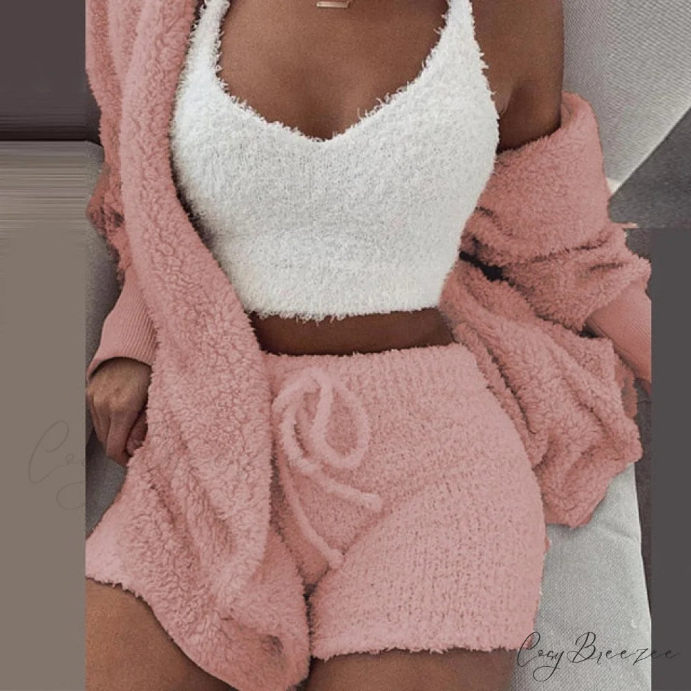 Women Sports Sets Coat + Shorts + Crop Casual Sexy Plush Hooded Top Tracksuit Velvet Outfits Cardigan Fluffy Sweatshirt