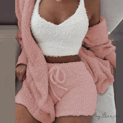 Women Sports Sets Coat + Shorts + Crop Casual Sexy Plush Hooded Top Tracksuit Velvet Outfits Cardigan Fluffy Sweatshirt