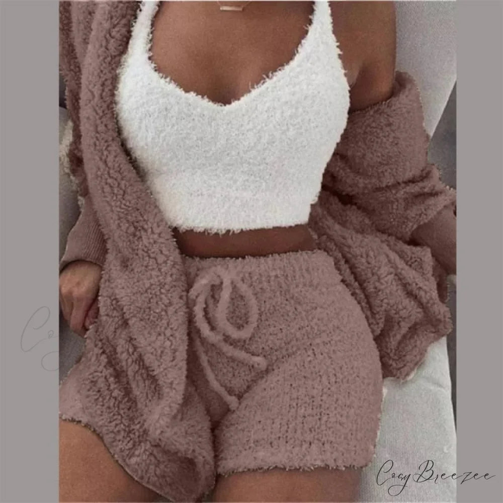 Women Sports Sets Coat + Shorts + Crop Casual Sexy Plush Hooded Top Tracksuit Velvet Outfits Cardigan Fluffy Sweatshirt