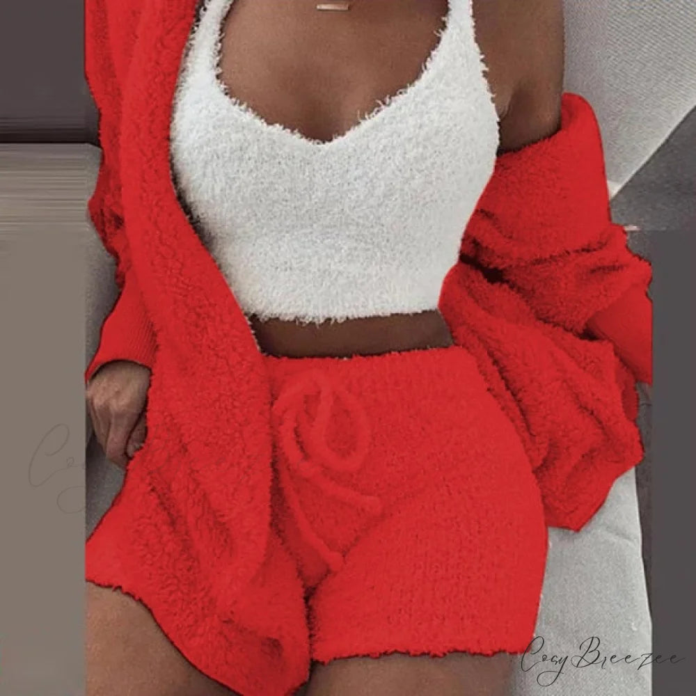 Women Sports Sets Coat + Shorts + Crop Casual Sexy Plush Hooded Top Tracksuit Velvet Outfits Cardigan Fluffy Sweatshirt
