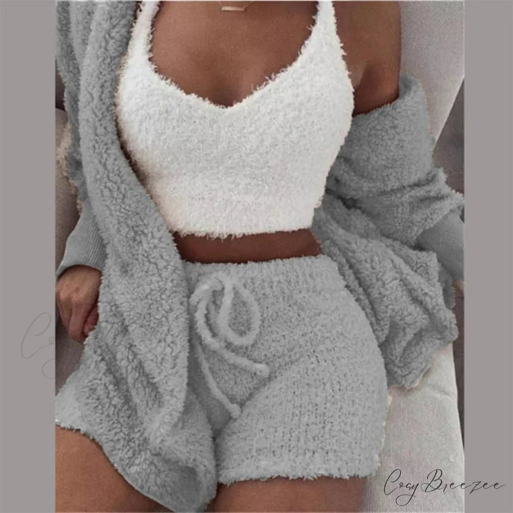 Women Sports Sets Coat + Shorts + Crop Casual Sexy Plush Hooded Top Tracksuit Velvet Outfits Cardigan Fluffy Sweatshirt