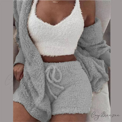 Women Sports Sets Coat + Shorts + Crop Casual Sexy Plush Hooded Top Tracksuit Velvet Outfits Cardigan Fluffy Sweatshirt