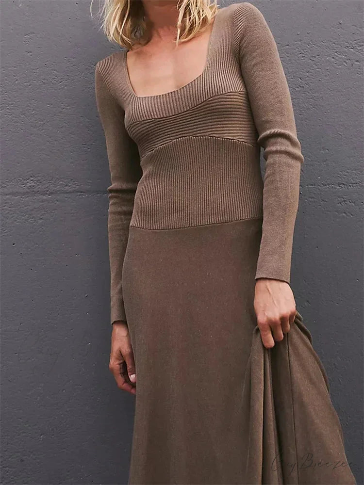 Women Spring Fall Casual Solid Color Square Neck Sleeve Knitted Pleated Fashion Holiday Vestido