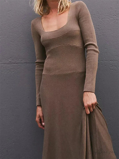 Women Spring Fall Casual Solid Color Square Neck Sleeve Knitted Pleated Fashion Holiday Vestido