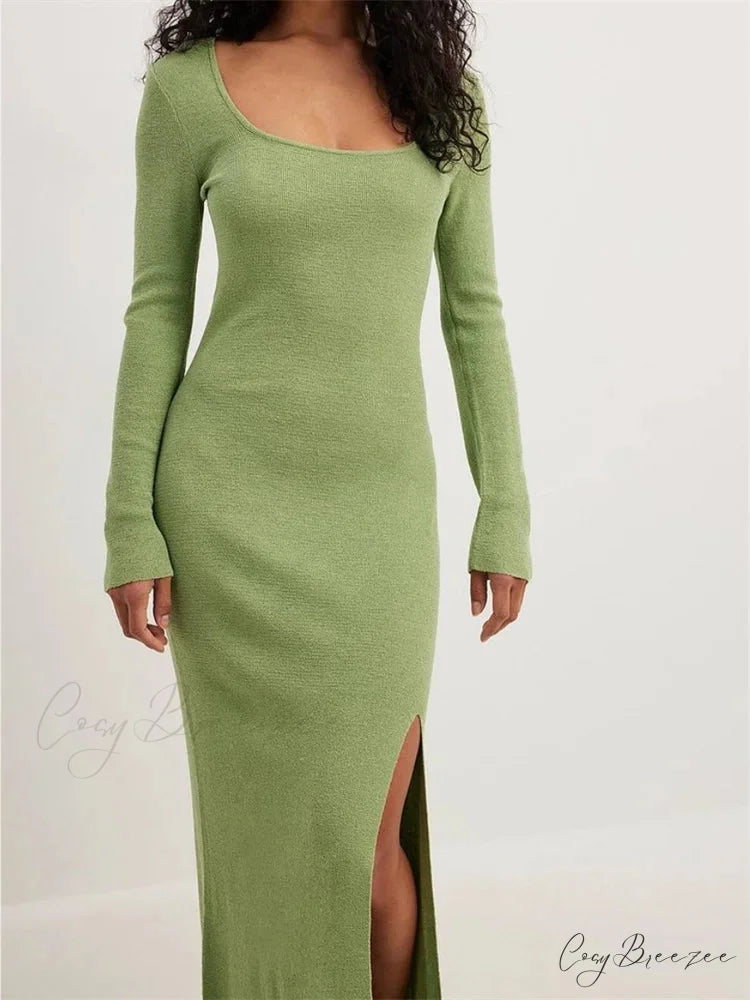 Women Spring Fall Knitted Elegant Sleeve Round Neck Solid High Split Female Vestidos Streetwear