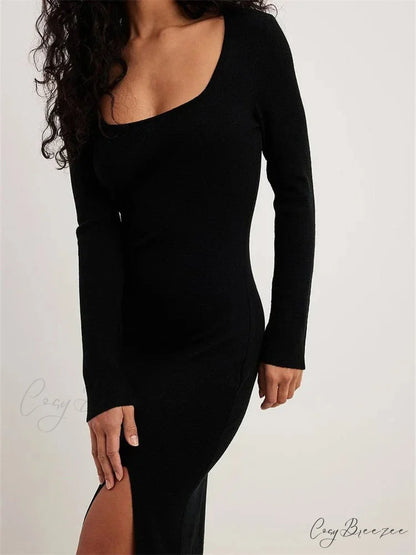 Women Spring Fall Knitted Elegant Sleeve Round Neck Solid High Split Female Vestidos Streetwear
