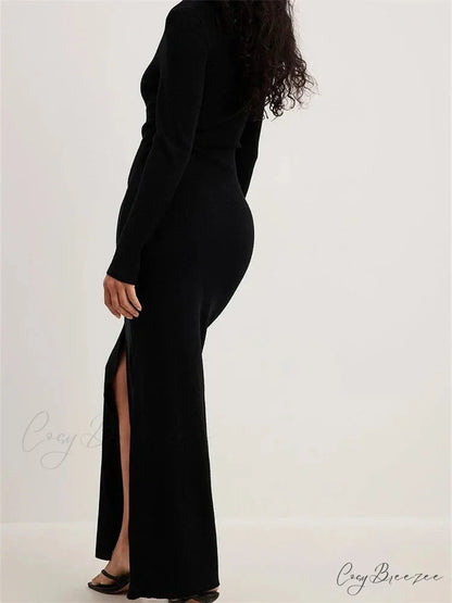 Women Spring Fall Knitted Elegant Sleeve Round Neck Solid High Split Female Vestidos Streetwear