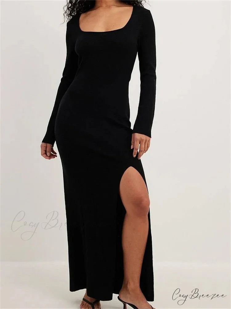 Women Spring Fall Knitted Elegant Sleeve Round Neck Solid High Split Female Vestidos Streetwear Black / S