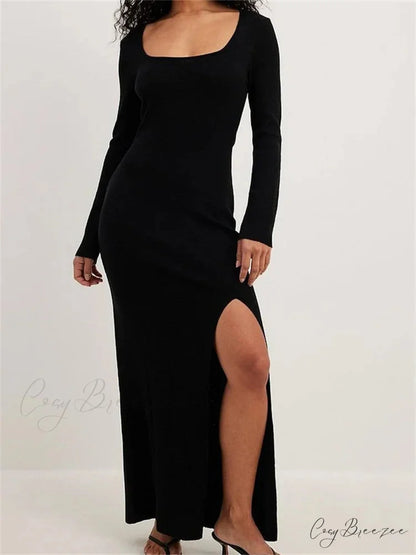 Women Spring Fall Knitted Elegant Sleeve Round Neck Solid High Split Female Vestidos Streetwear Black / S