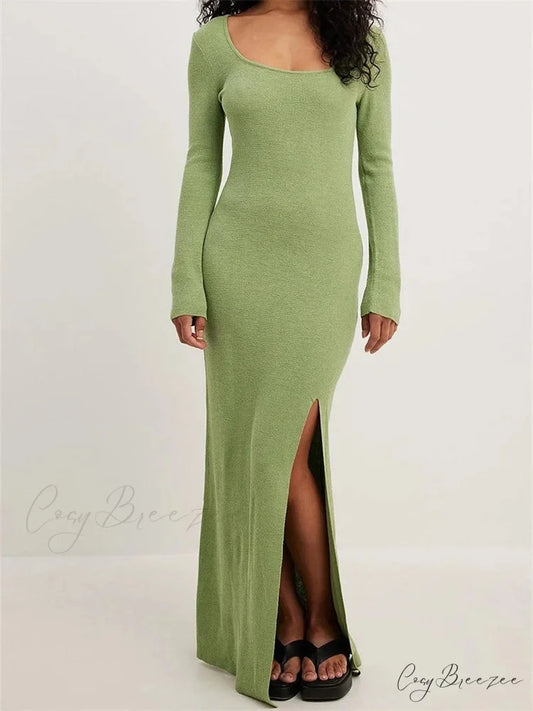Women Spring Fall Knitted Elegant Sleeve Round Neck Solid High Split Female Vestidos Streetwear Green / S