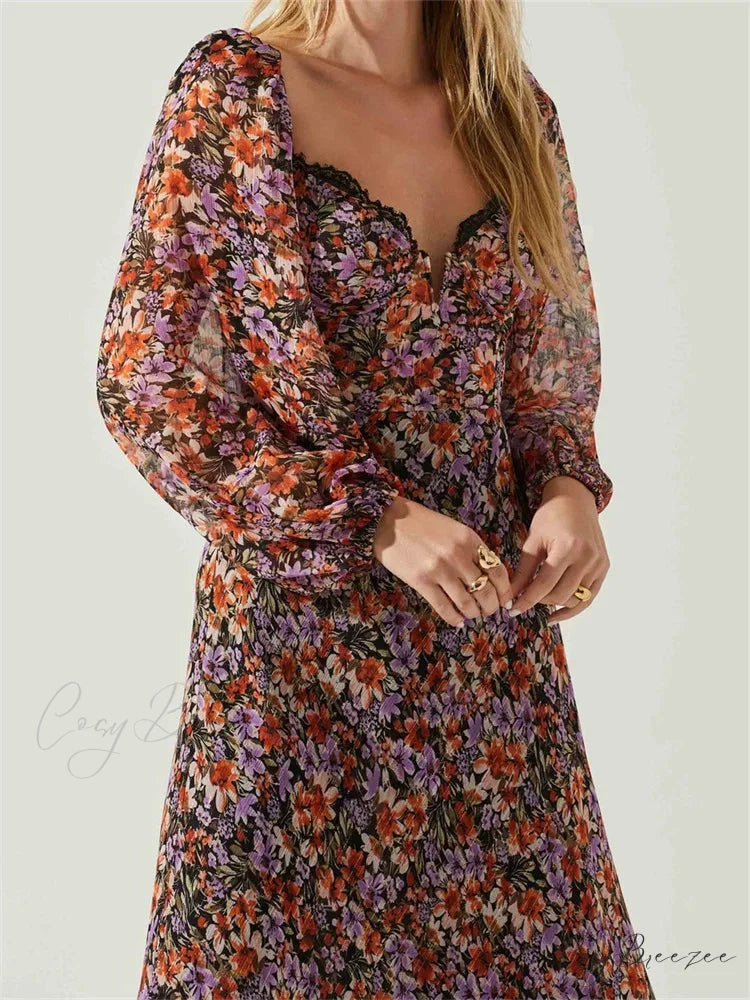 Women Spring Fall Vintage Floral Print V-neck Puff Sleeve Fashion Backless Holiday Vestido