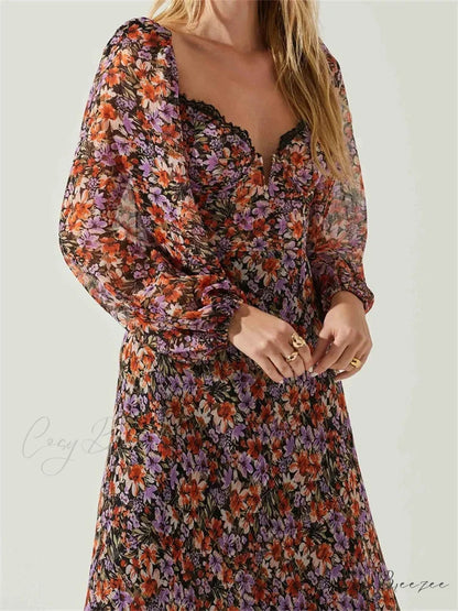 Women Spring Fall Vintage Floral Print V-neck Puff Sleeve Fashion Backless Holiday Vestido