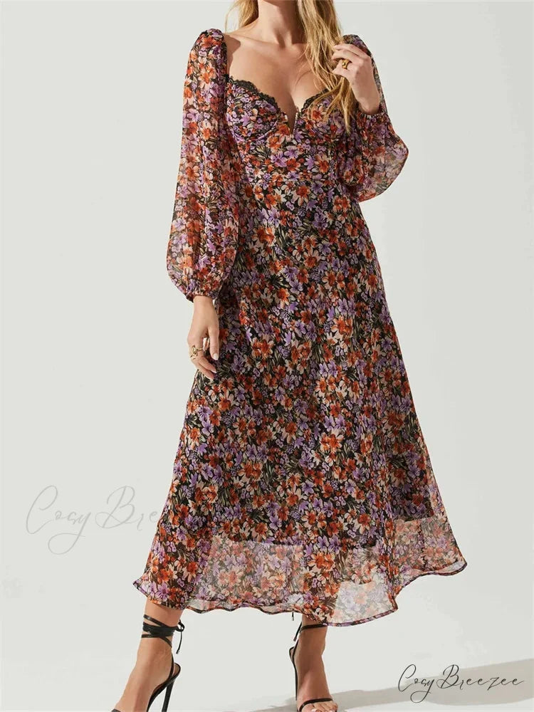 Women Spring Fall Vintage Floral Print V-neck Puff Sleeve Fashion Backless Holiday Vestido